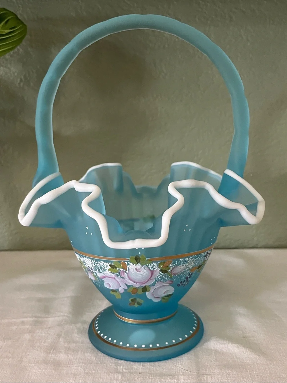 Fenton Charleton Collection 2002 Blue Satin Floral Basket Bill Fenton Signed